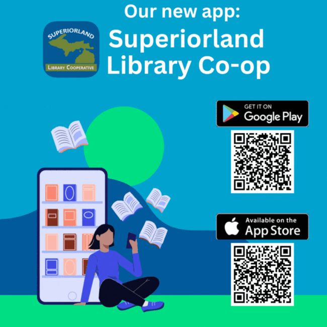 .GIF image with QR codes to download Superiorland Library Co-op App